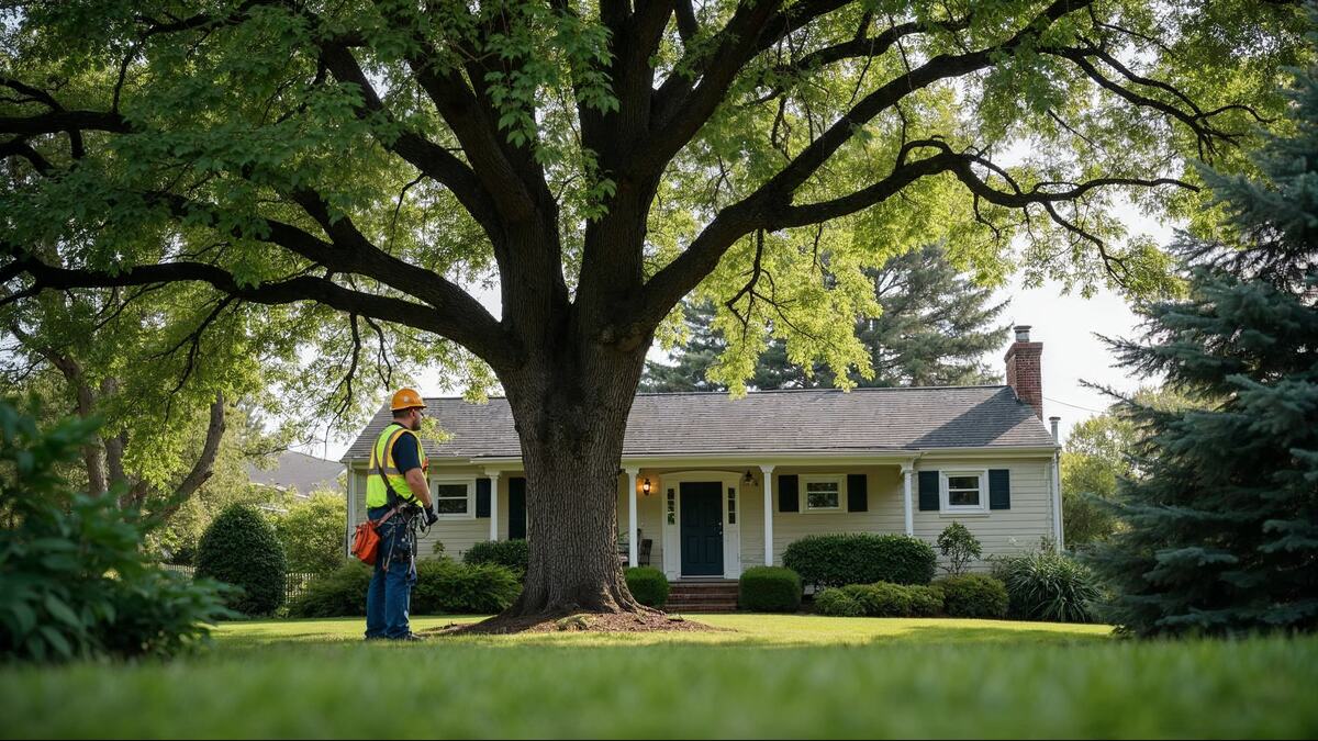 An arborist examines a mature tree beside a home from ground level.